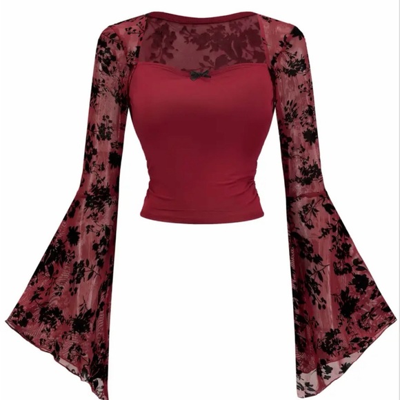 Whimsigoth Bell Sleeve Flare Top in Maroon Burgundy Rose Mesh Dark Romance Goth - Picture 2 of 6